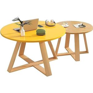 Moderne woonkamer salontafel creatieve nesttafel ronde, woonkamer bank bijzettafels set van 2, moderne nesttafel, houten afwerking en massief houten tafelpoten (kleur: geel+primaire kleur)