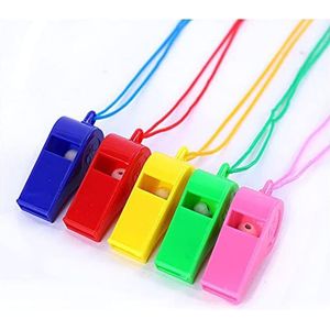 YUEMING 5 Stuks Plastic Neon Fluitjes,Fluitjes met Nylon Gevlochten Sleutelkoord Koord,Kinderen Voetbal Scheidsrechter Sportfluitje Prijzen School Sportactiviteiten,Teamwedstrijden