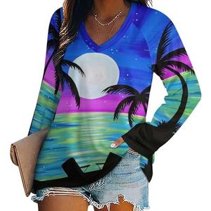 Moonlight Relaxing Beach Dames Casual Lange Mouw T-shirts V-hals Gedrukt Grafische Blouses Tee Tops L