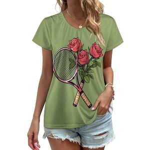 Rose Tennis Rackets Sport Dames V-hals T-shirts Leuke Grafische Korte Mouw Casual Tee Tops M