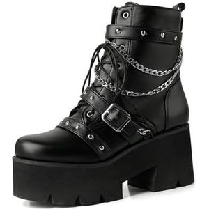 SYDZSW Dames Plateau Chunky Hak Blok Biker Laarzen Veterlaarzen Motorfiets Steampunk Laarzen Enkellaarzen, Zwart, 34 EU