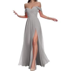 SAMHO QXYMA253 Bruidsmeisjesjurken voor dames, off-shoulder chiffon, liefje, galajurk, formele jurken voor bruiloftsgast, Zilver, 56