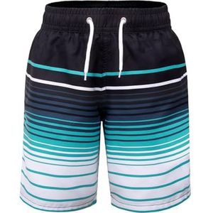 Hill & Sea Zwembroek voor jongens, sneldrogend, boardshorts, ademend, waterafstotend, zwemshorts met mesh-voering, zakken en verstelbaar trekkoord, maat 140-176, Gestreept Zwart Blauw Wit, 152
