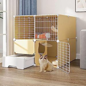 Kleine dierenboxen kattenbox, kattenkennels voor binnenkatten, buiten kattenverblijven, kattenkooien binnen grote 3-laags met deur (maat: 111 x 49 x 109 cm, kleur: set C-geel)