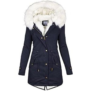 Warme winterjas voor dames, parka met imitatiebont, warme jas met capuchon voor de winter, warm gevoerd, marineblauw, 4XL