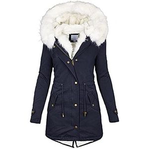 Warme winterjas voor dames, parka met imitatiebont trim, warme jas met capuchon voor dames, winterjas, warm gevoerd, winter, losse outwear jas, outdoor, marineblauw, S