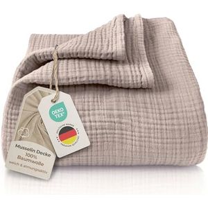 LAYNENBURG Premium mousseline sprei, 220 x 240 cm, XXL, 100% katoen, extra zachte katoenen deken als knuffeldeken, bedsprei, banksprei, banksprei, warme bankdeken (taupe)