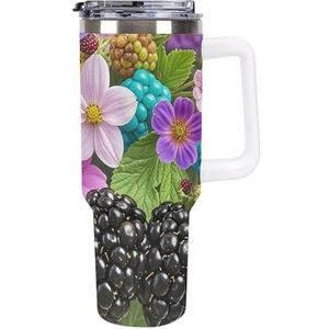 RTFGHJS 40 oz beker bloemen en bramen geïsoleerde beker reizen koffiemok met rietje deksel roestvrij staal waterfles vacuüm geïsoleerde beker voor sport werk auto reizen weekends