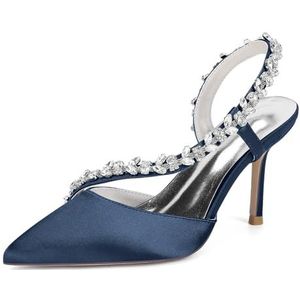 KYEGLO Satijnen Damessandalen Met Spitse Neus En Riempje - Gesloten Neus, Naaldhak Met Strass-Steentjes, Feestelijke Bruiloftsschoenen, Cadeaus Voor Dames,Dark blue,36 EU