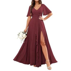 KURFACE Chiffon bruidsmeisjesjurken met mouwen split ruches lange bruidsmeisje formele avondjurk, Bordeaux, 32