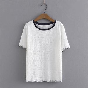 SDFGH Plus Size Basic T-shirt Dames Blokkleur O-hals Tees Ruches Korte mouw Tops Oversized Curve Kleding (Color : White, Size : XL)