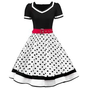 AXOE Dames Jurk Jaren 50 A-Lijn Feestjurk Katoen met Afneembare Gordel Cocktail, Prom, Festival Witte met Zwart Stippen, Maat 46, XXL