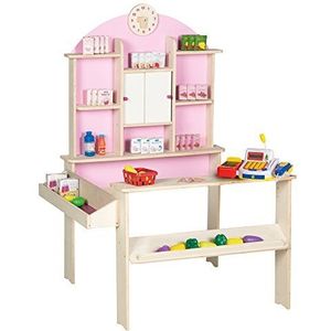 Roba Koopwinkel voor kinderen, inclusief meer dan 100 delen winkelwinkelwinkelaccessoires en elektronische kassa, verkoopstand hout natuur, roze, wit met zijbalk & klok