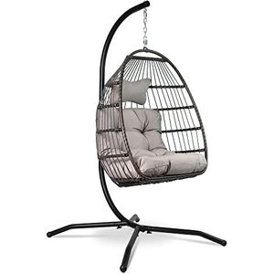 Vita5 Egg Hangstoel – Met Standaard – Binnen en Buiten – Cocoon Stoel - Opvouwbaar - Tot 150kg – Incl. Kussen – Lichtgrijs