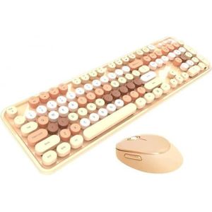 QPSJXN Kleurrijk draadloos toetsenbord en muis met ronde toetsen en volledige grootte 2,4 GHz typemachine stijl met computer (Milk Tea)