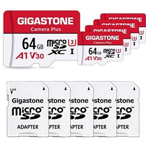 Gigastone Geheugenkaart 64 GB 5 kaarten, camera Plus serie, snelheid tot 95 MB/s. Ideaal voor Full HD Video Gopro Drone Camera, U1 C10 Micro SDXC-kaart met mini-hoes en SD-adapter.
