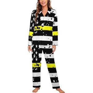 De Dunne Gele Lijn Vlag Vrouwen Lange Mouw Button Down Nachtkleding Zachte Nachtkleding Lounge Pyjama Set 2XL