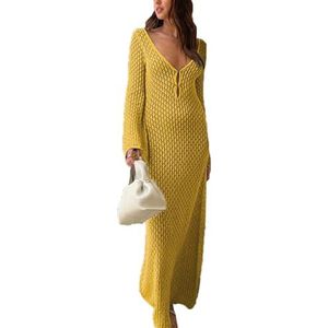 Dames gebreide jurk met lange mouwen, casual backless cocktailparty clubwear bodycon maxi lange jurk(Color:Yellow,Size:Medium)