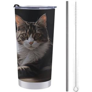 LHDGSJE Tabby Geïsoleerde beker voor katten, herbruikbare roestvrijstalen mok, reisbeker, lekvrij, grote capaciteit, autobeker, geïsoleerde waterfles, past in de bekerhouder van de auto