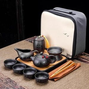 Thee Sets Chinese Teawere Retro Designer Cool Paars Zand Keramische Theepot Set Reizen Kong Fu Thee Kit Gift Porselein Paars Zand Pot Zetgroep Theeset Reis Theepot (Color : A)