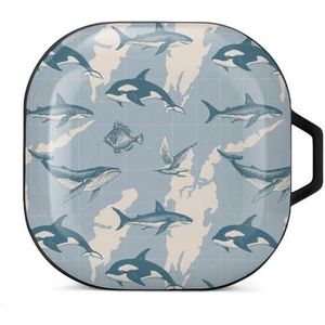 Handgetekende vissen en kaart oordopjes hoesje compatibel met Samsung hard shell beschermhoes zwart-stijl