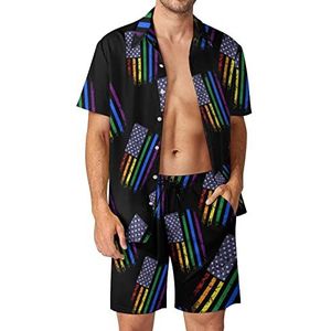 USA Rainbow LGBT homo vlag mannen Hawaiiaanse bijpassende set 2-delige outfits button down shirts en shorts voor strandvakantie