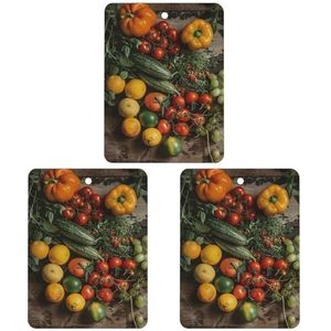 Auto luchtverfrissers 3 stuks opknoping geurkaarten fruit op houten tafel auto aromatherapie tabletten grappige geur opknoping plak achteruitkijkspiegel hanger voor auto interieur decor slaapkamer