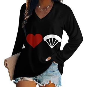 I Love Parachute Casual T-shirts met lange mouwen voor dames, V-hals bedrukte grafische blouses T-tops L