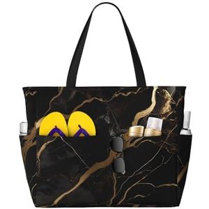 DJHVJS Bruin houten patroon gedrukt Grote Strandtas Mode Zip Handtas Dames Tote Bag, Zwart Goud Marmer, Eén maat