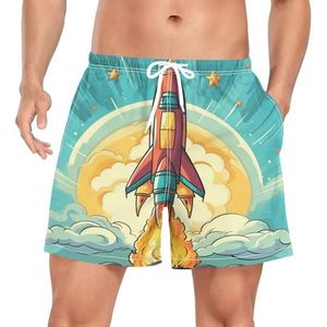 Niigeu Cartoon Space Rocket Star zwembroek voor heren, sneldrogend, met zakken, Leuke mode, XXL