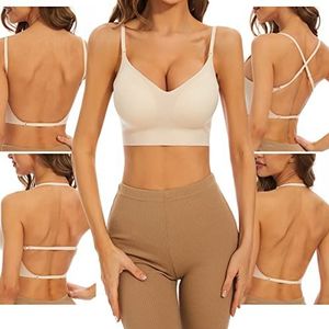 Shewant Lage rug beha voor vrouwen draadloze naadloze beha rugloze multiway bandjes converteerbare halter beha met vulling verwijderbaar, Beige, S