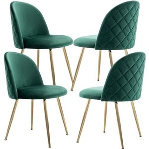 JINPALAY Set van 4 eetkamerstoelen, fluweel, moderne keukenstoelen, groen, gestoffeerde stoelen met hoge rugleuning, voor slaapkamer en woonkamer, poten, van goud en metaal, verstelbaar, groen, 4