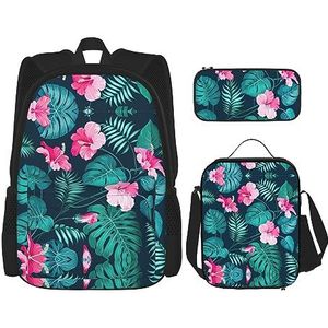 SUHNGE Handgetekende kleur vlinder print lichtgewicht rugzak set van 3 stuks (etui schooltas lunch tas combinatie), Hawaii Roze Bloem, Eén maat