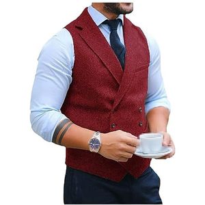 Dvbfufv Heren Visgraat Wol Tweed Dubbele Knopen Herfst Vest Heren Bruiloft Steampunk Vest Bordeaux XL