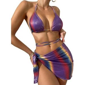 HFYRBDKSPI Dames Sexy 3-delige badpakken Gradiënt halternek Driehoekige badpak Set met strandbedekking,Purper,L