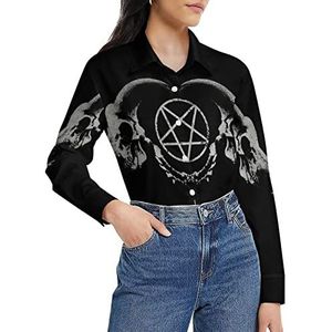 Gothic occulte Satan Penta Symbool Schedel Dames Shirt Lange Mouw Button Down Blouse Casual Werk Shirts Tops M
