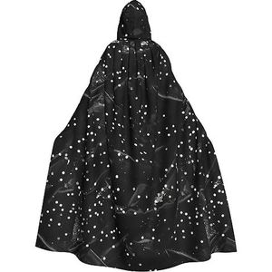 Zwart wit glitter print capuchon mantel voor mannen en vrouwen, volledige lengte Halloween maskerade cape kostuum, 190 cm