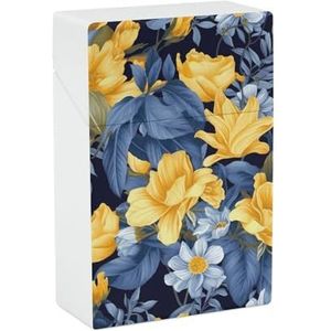 Blauwe Basis Geel Bloemen Sigaret Doos King Size 85mm 20 Capaciteit Push to Open Waterdichte Sigaret Case voor Vrouwen Mannen Pocket Sigaret Houder Case Vintage Sigaret Doos