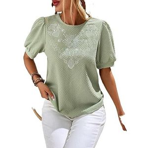 dames topjes Blouse met pofmouwen en bloemenprint Casual damestop met ronde hals en korte mouwen (Color : Gr�n, Size : X-Small)