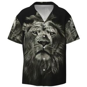 EdWal Zwarte Leeuwenprint Heren Korte Mouw Button Down Shirts Casual Losse Fit Zomer Strand Shirts Heren Overhemden, Zwart, M