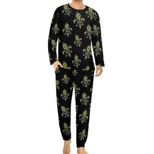 Fleur De Lis Mardi Gras comfortabele herenpyjama-set met ronde hals en lange mouwen, loungewear met zakken, S