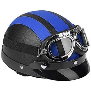 Motorhelm, universele motorscooter gemaakt van kunstleer met open gezicht, pothelm en vizier UV-bril blauw