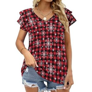 Sneeuwvlokken Tartan Grafische Blouse Top Voor Vrouwen V-hals Tuniek Top Korte Mouw Volant T-shirt Grappig