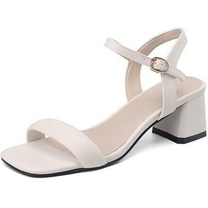 Dames Open Teen Enkelband Sandalen 2 Inch Dames Mid Lage Blokhak Peep Toe Feest Bruiloft Dressy Sandalen(Beige,43 EU)