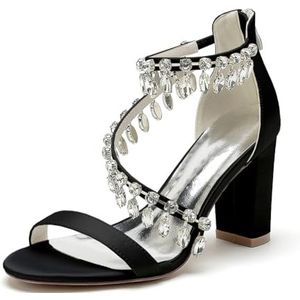 Dames Chunky Blokhak Bruiloft Sandalen Kristallen Trouwschoenen Open Teen Feest Prom Bruidsschoenen,zwart,36 EU
