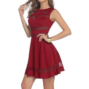Zeagoo Sexy partyjurk met hoge taille voor dames, feestelijke cocktailjurk, bodycon, mini-jurk, mesh, strakke A-lijn jurk, clubwear, wijnrood, L