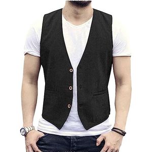 AeoTeokey Heren Zomer Linnen Vest Casual Vest Regular Fit, Zwart, XXL