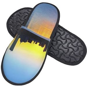 ZaKhs Boston Charles River City Skyline Sunset Print Damesslippers antislip pluizige pantoffels schattige huisslippers voor binnen en buiten, Zwart, Large Wide