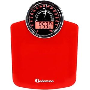 Adamson Personenweegschaal hybride + digitaal en analoog 2-in-1 - tot 180 kg - groot display met achtergrondverlichting + robuust gehard glas + eenvoudig aflezen + nieuw 2024 + rood