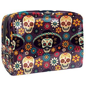 Make-up Tas PVC Ritssluiting Toilettas Waterdichte Cosmetische Tas met Mexico Kleurrijke Suiker Skull Bloemenpatroon voor Vrouwen en Meisjes